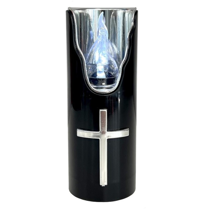 Set 2 x Candela Electronica Neagra, Flacara Alba, Ornament Cruce Argintie, 125 x 50 mm, 50 Zile