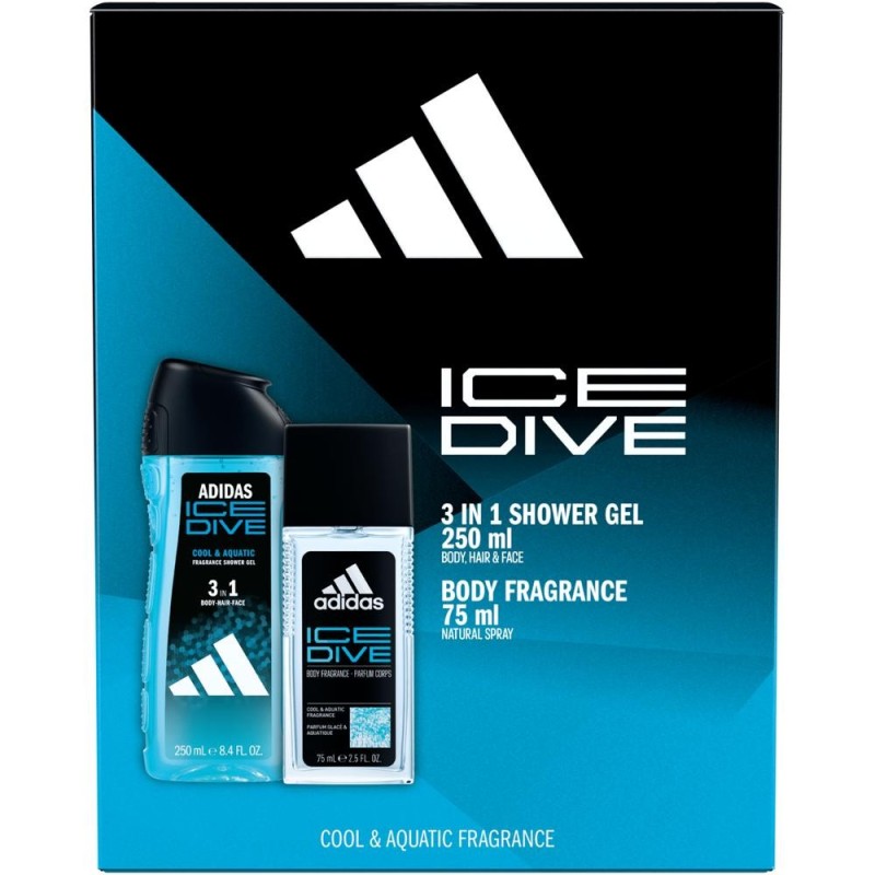 Set 2 x Caseta Cadou Barbati Adidas Ice Dive, Deodorant Natural Spray 75 ml, Gel Dus 250 ml