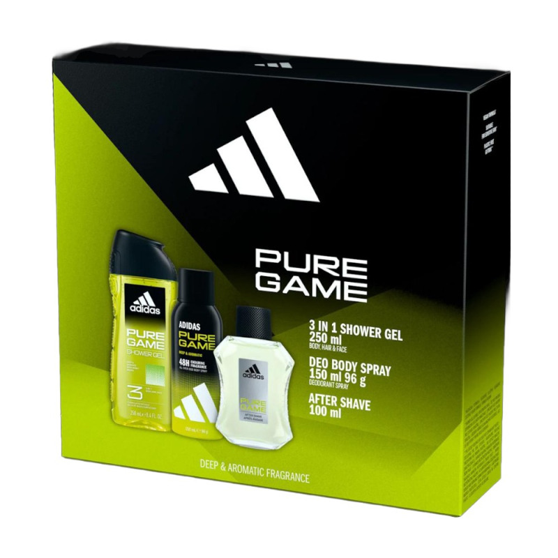Set 2 x Caseta Cadou Barbati Adidas Pure Game, After Shave Lotiune 100 ml, Deodorant Spray 150 ml, Gel Dus 250 ml
