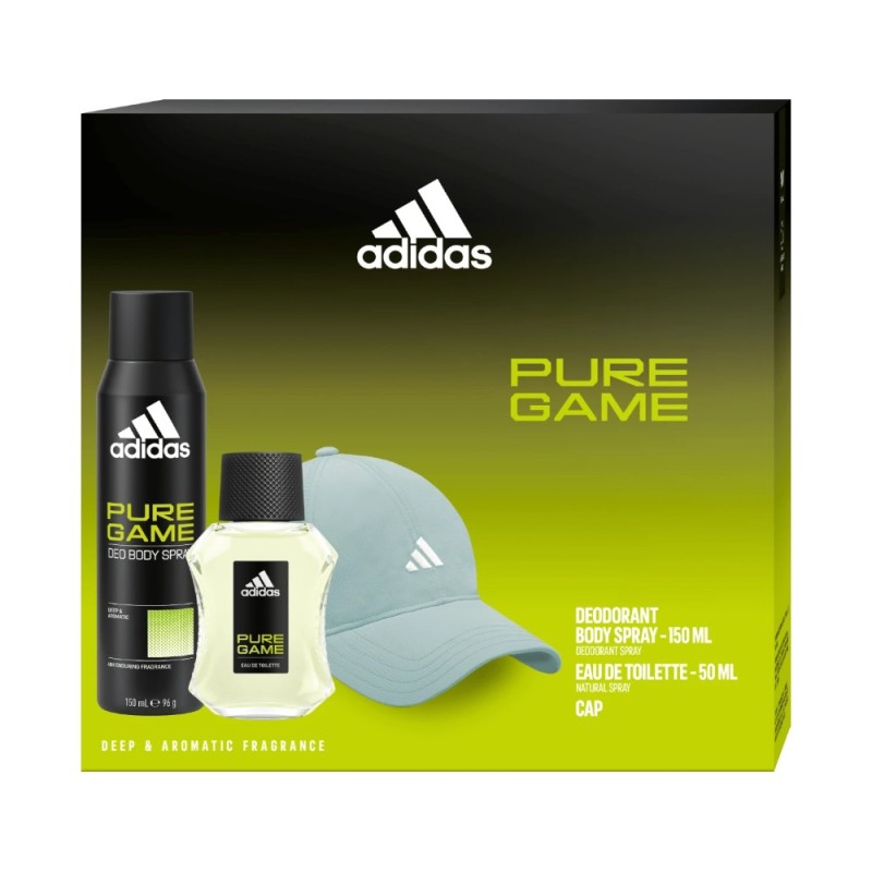 Set 2 x Caseta Cadou Barbati Adidas Pure Game, Apa de Toaleta 100 ml, Deodorant 150 ml, Sapca