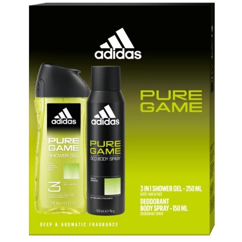 Set 2 x Caseta Cadou Barbati Adidas Pure Game, Gel Dus 250 ml, Deodorant 150 ml