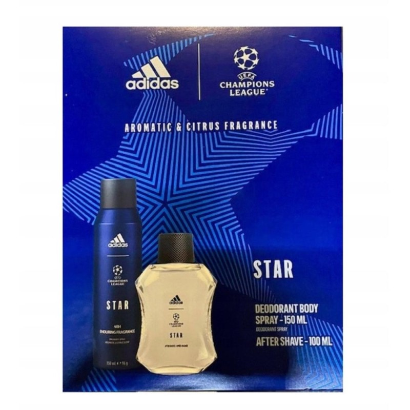 Set 2 x Caseta Cadou Barbati Adidas Uefa Star, After Shave Lotiune 100 ml, Deodorant Spray 150 ml