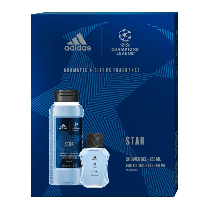 Set 2 x Caseta Cadou Barbati Adidas Uefa Star, Apa de Toaleta 50 ml, Gel de Dus 250 ml