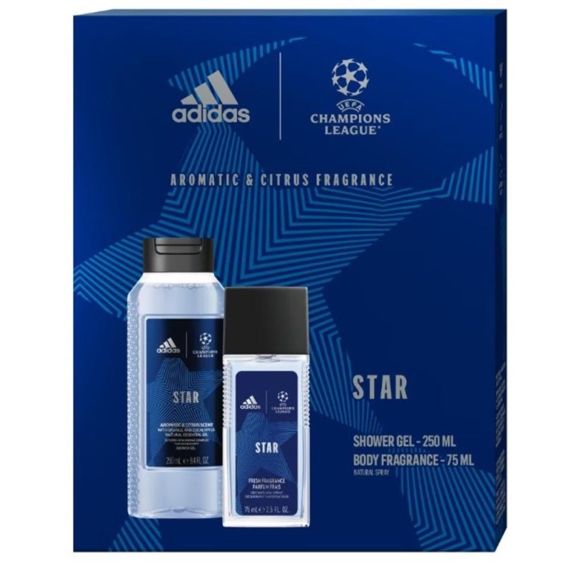 Set 2 x Caseta Cadou Barbati Adidas Uefa Star, Deodorant Natural Spray pentru Corp 75 ml, Gel de Dus 250 ml