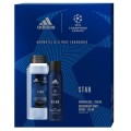Set 2 x Caseta Cadou Barbati Adidas Uefa Star, Gel de Dus 250 ml, Deodorant Spray 150 ml