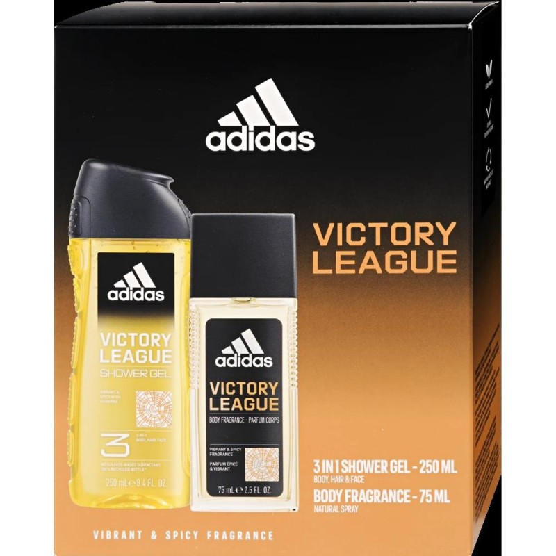 Set 2 x Caseta Cadou Barbati Adidas Victory League, Deodorant Natural Spray pentru Corp 75 ml, Gel de Dus 3 in 1 250 ml