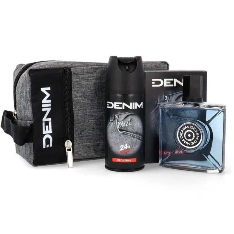 Set 2 x Caseta Cadou Barbati Denim Black, After Shave 100 ml, Deodorant Spray 150 ml, Borseta