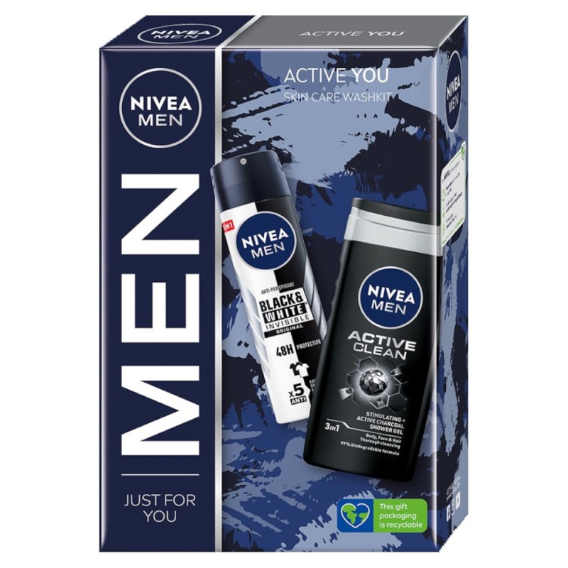 Set 2 x Caseta Cadou Barbati, Nivea Active You, Deodorant Spray Black & White Original, 150 ml si Gel Dus Active Clean, 250 ml