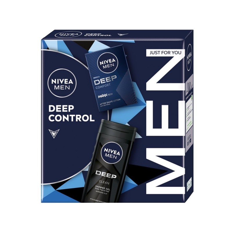 Set 2 x Caseta Cadou Barbati Nivea Deep Control, Lotiune dupa Ras, 100 ml si Gel de Dus, 250 ml