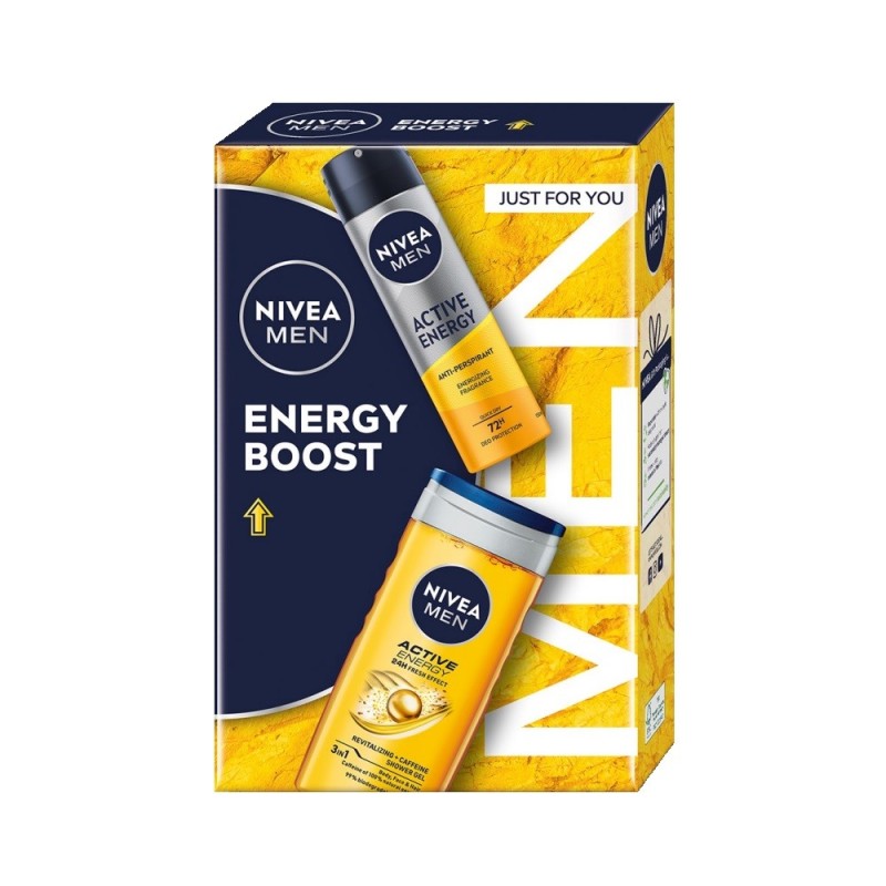 Set 2 x Caseta Cadou Barbati Nivea Energy Boost, Gel de Dus, 250 ml si Deodorant Spray, 150 ml