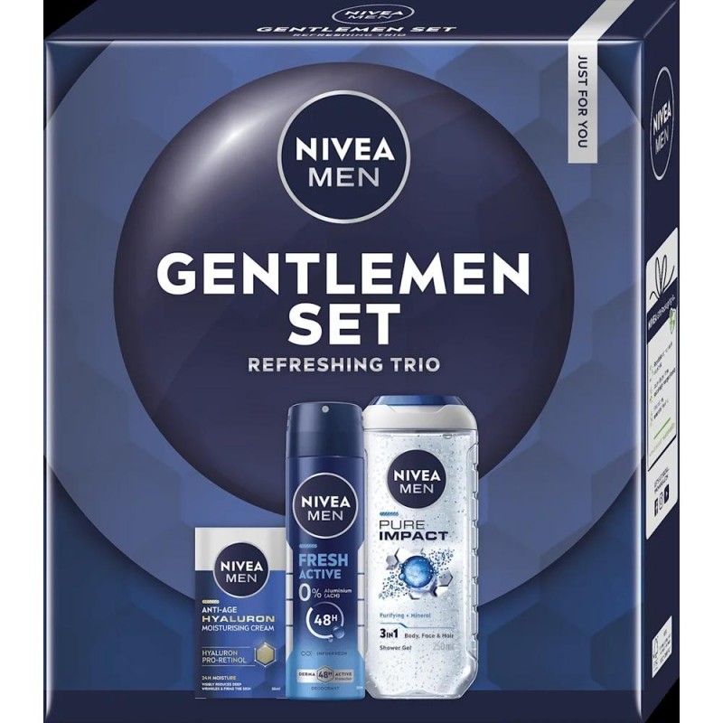 Set 2 x Caseta Cadou Barbati Nivea Gentlemen, Gel Dus 250 ml, Crema Antirid Acid Hialuronic 50 ml, Deodorant 150 ml