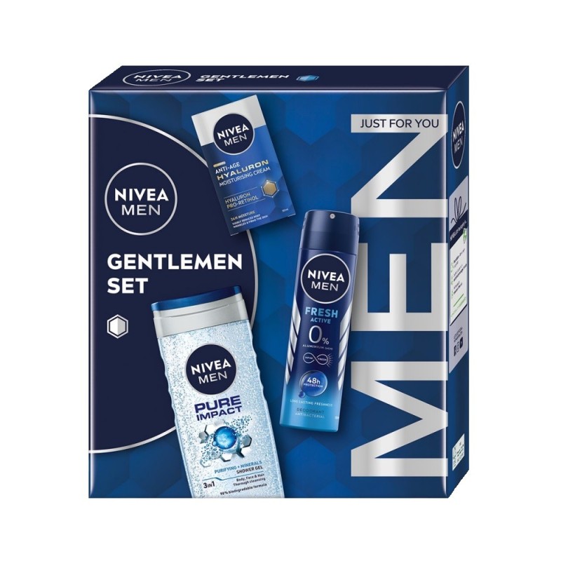 Set 2 x Caseta Cadou Barbati Nivea Gentlemen Set, Crema Anti-rid SPF 15 50 ml, Gel de Dus 250 ml si Deodorant Spay Fresh 150 ml