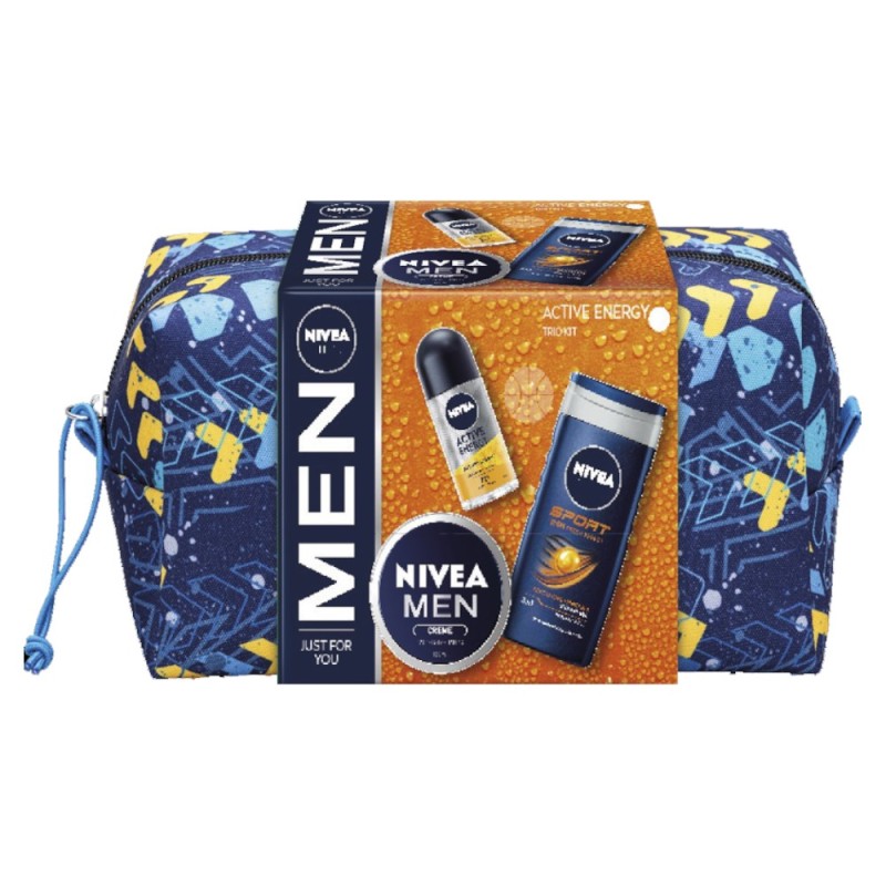 Set 2 x Caseta Cadou Barbati. Nivea Men Active Energy Geanta, Deodorant Roll-On, Crema si Gel de Dus Sport