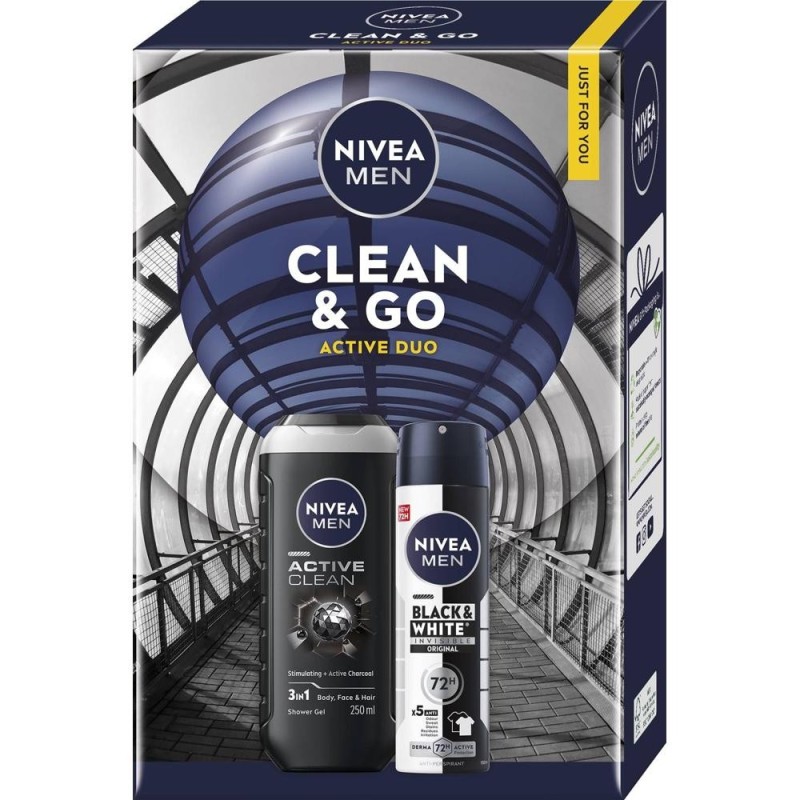 Set 2 x Caseta Cadou Barbati Nivea Men Clean&Go, Gel Dus 250 ml, Deodorant Spray 150 ml