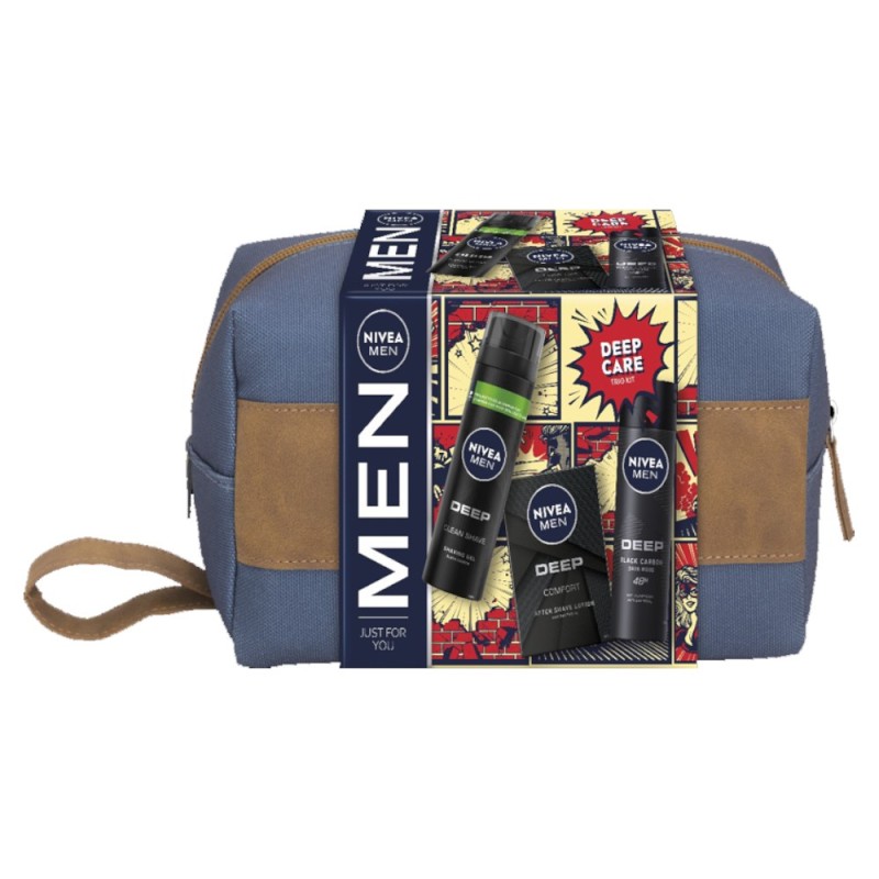 Set 2 x Caseta Cadou Barbati, Nivea Men Deep Care, Geanta, Lotiune dupa Ras, Gel de Ras si Deodorant Spray