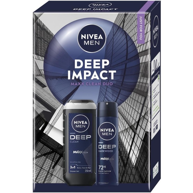 Set 2 x Caseta Cadou Barbati Nivea Men Deep Impact, Gel Dus 250 ml, Deodorant Spray 150 ml