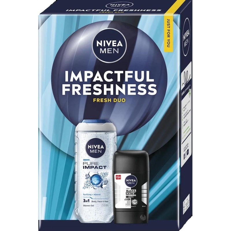 Set 2 x Caseta Cadou Barbati Nivea Men Impactful Freshness, Gel Dus 250 ml, Deodorant Stick 50 ml
