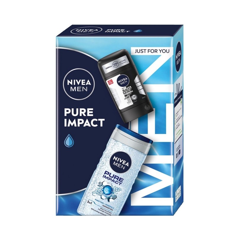 Set 2 x Caseta Cadou Barbati Nivea Pure Impact, Gel de Dus, 150 ml si Deodorant Stick Invisible Black & White Original, 50 ml