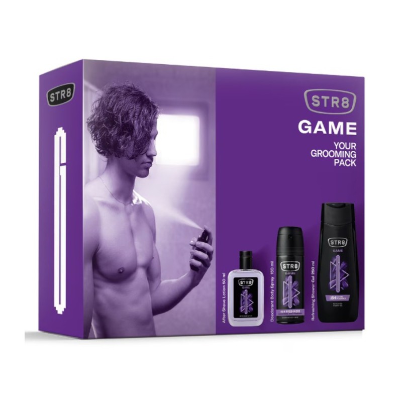 Set 2 x Caseta Cadou Barbati STR8 Game, After Shave 50 ml, Deodorant Spray pentru Corp 150 ml, Gel de Dus 250 ml
