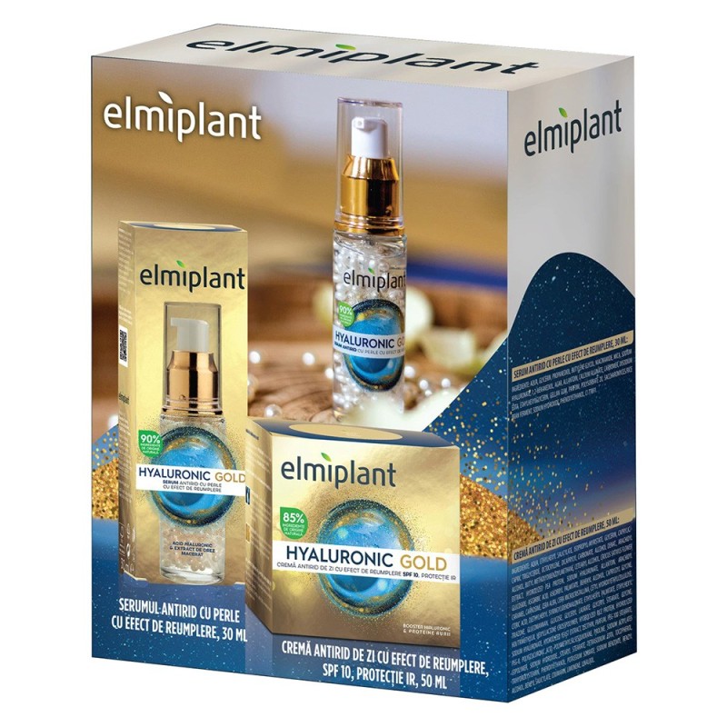 Set 2 x Caseta Cadou Elmiplant Crema de Zi cu Acid Hialuronic, 50 ml si Ser pentru Fata, 30 ml