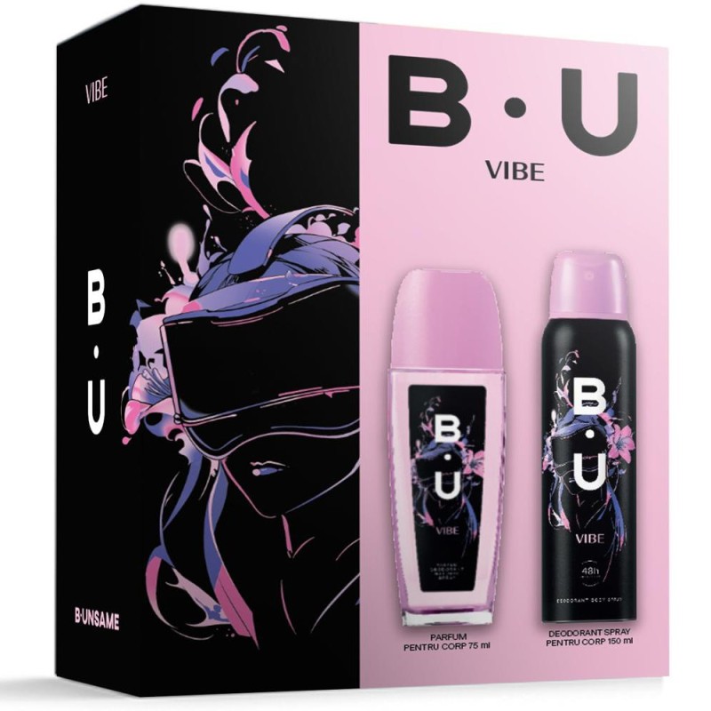 Set 2 x Caseta Cadou Femei B.U Vibe, Deodorant Natural Spray 150 ml, Parfum Corp 75 ml