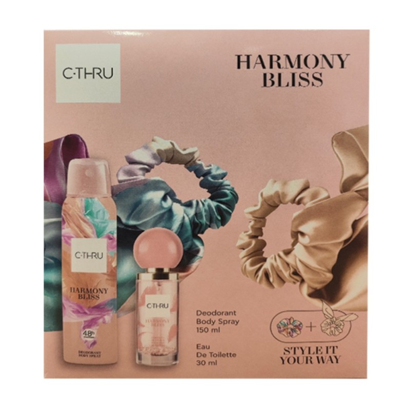 Set 2 x Caseta Cadou Femei C-Thru, Deodorant Spray Harmony Bliss 150 ml, Apa de Toaleta 30 ml, Elastice Par