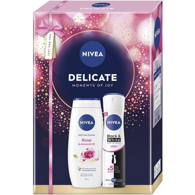 Set 2 x Caseta Cadou Femei Nivea Delicate, Gel Dus 250 ml, Deodorant Spray 150 ml