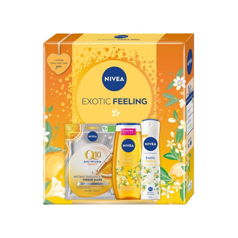 Set 2 x Caseta Cadou Femei Nivea Exotic Feeling, Masca Q10, Gel de Dus Exotic Feeling 250 ml si Deodorant Spray Exotic Feeling 1