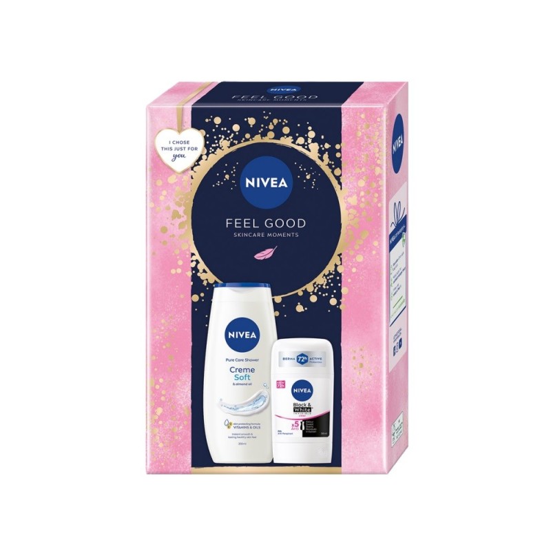 Set 2 x Caseta Cadou Femei Nivea Feel Good, Gel de Dus Creme Soft, 250 ml si Deodorant Stick Invisible Black & White Clear, 50 m