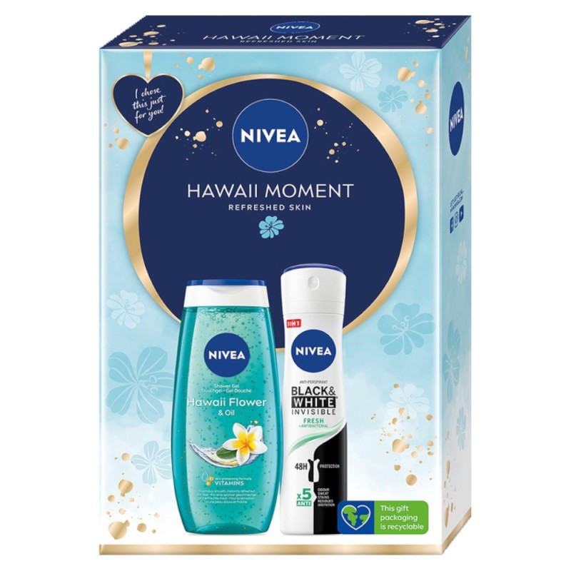 Set 2 x Caseta Cadou Femei, Nivea Hawaii Moment, Gel de Dus, 250 ml si Deodorant Spray Black & White Fresh, 150 ml