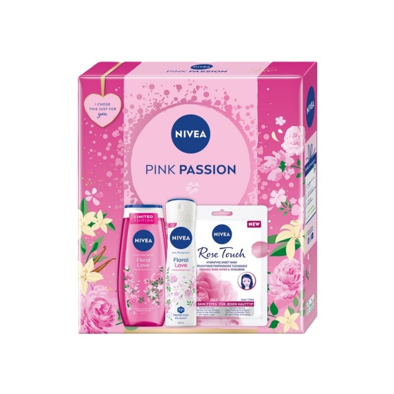 Set 2 x Caseta Cadou Femei Nivea Pink Passion, Masca Rose Touch, Gel de Dus Floral Love 250 ml si Deodorant Spray Floral Love 15