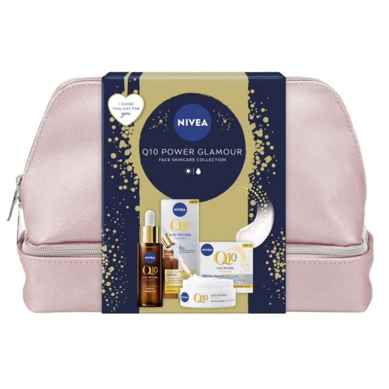 Set 2 x Caseta Cadou Femei Nivea Q10 Power Glamour, Crema de Zi Anti-rid SPF 15 50 ml, Ser Anti-rid si Anti-glicatie 30 ml si Ge