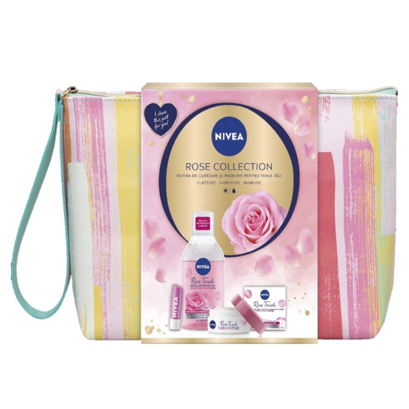 Set 2 x Caseta Cadou Femei Nivea Rose Collection, Geanta, Crema de Fata Gel, Apa Micelara si Balsam de Buze