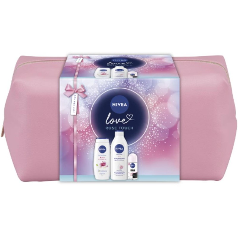 Set 2 x Caseta Cadou Femei Nivea Rose Touch, Lotiune Corp 400 ml, Gel Dus 250 ml, Deodorant Roll-on 50 ml, Geanta