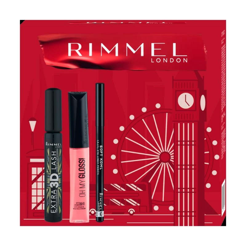 Set 2 x Caseta Cadou Femei Rimmel London, Mascara Extra 3D, Luciu Oh My Gloss, Creion Ochi Soft Kohl Kajal 001 Black