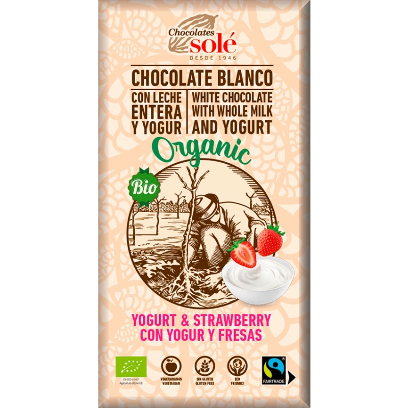 Set 2 x Ciocolata Alba BIO cu Iaurt si Capsuni, 100 g, Chocolates Sole