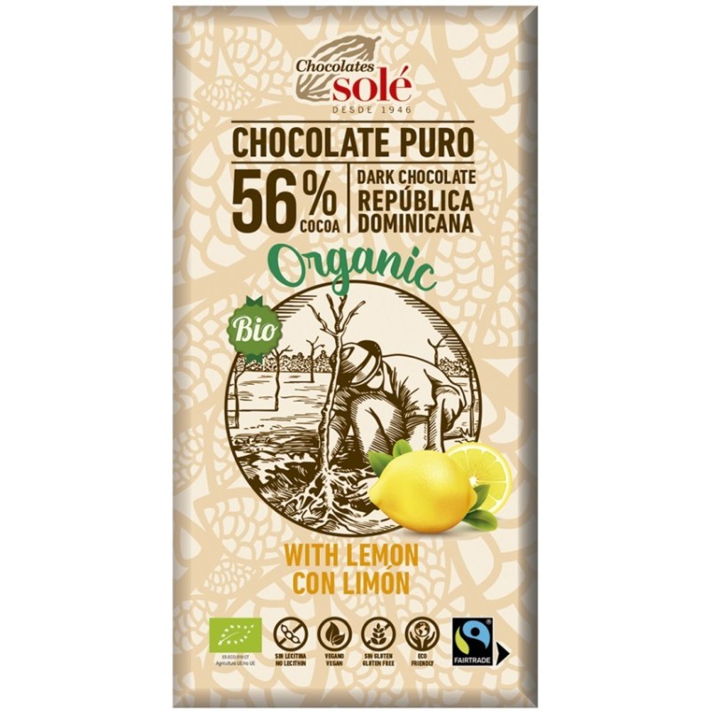Set 2 x Ciocolata BIO cu Lamaie 56% Cacao, 100 g, Chocolates Sole