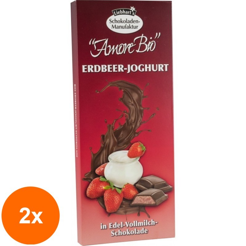 Set 2 x Ciocolata BIO cu Lapte Umpluta cu Iaurt de Capsuni, 100 g, Liebhart's Amore Bio