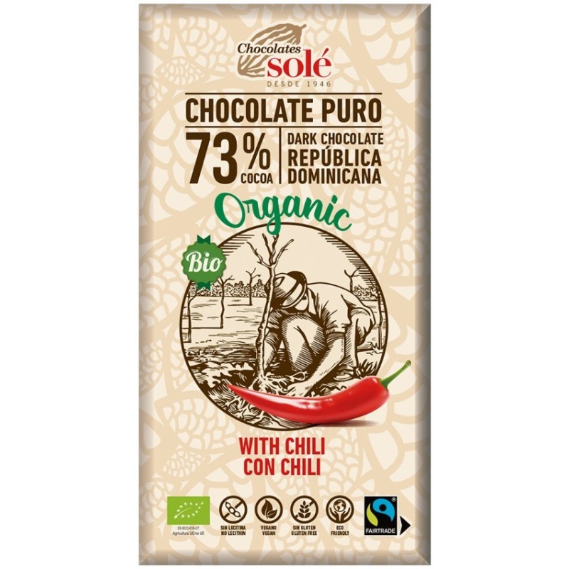 Set 2 x Ciocolata Neagra BIO cu Chili, 73% Cacao, 100 g, Chocolates Sole