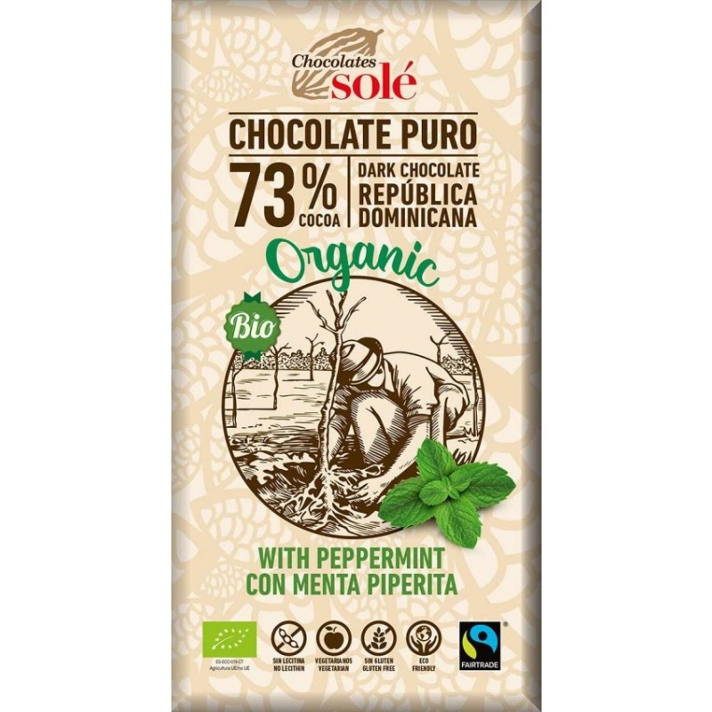 Set 2 x Ciocolata Neagra BIO cu Menta si Fairtrade 73% Cacao, 100 g, Chocolates Sole