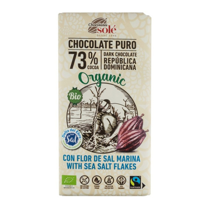 Set 2 x Ciocolata Neagra Bio si Fairtrade, 73% Cacao cu Fleur de Sel, Chocolates Sole, 100 g