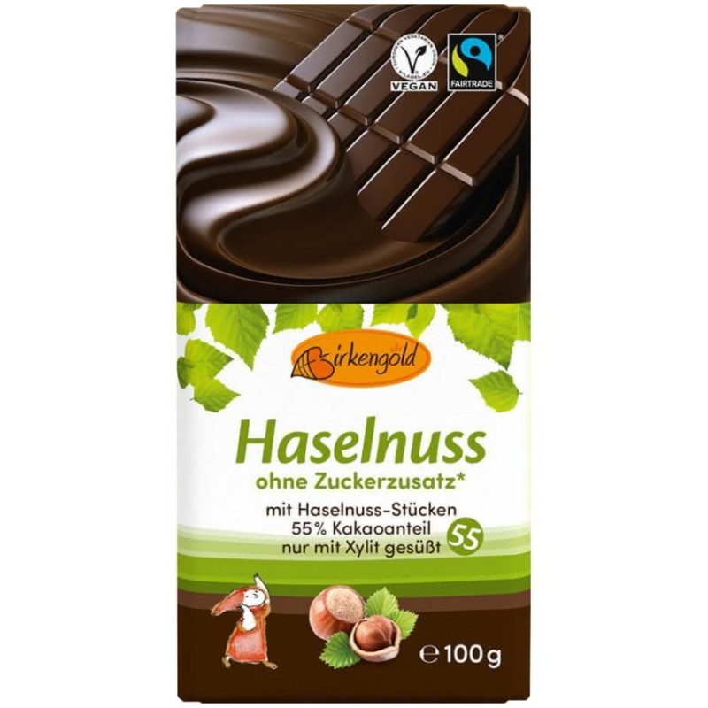 Set 2 x Ciocolata Neagra cu Alune fara Adaos de Zahar 55% Cacao, 100 g, Birkengold