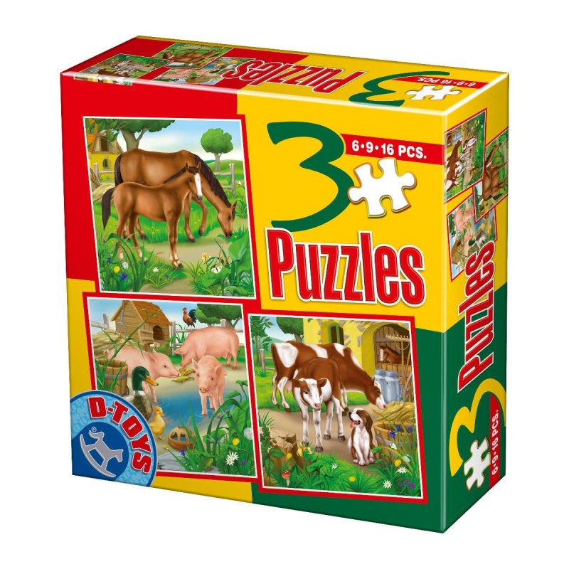 Set 2 x Colectie 3 Puzzle-uri, D-Toys, Animale Domestice, 6, 9 si 16 Piese