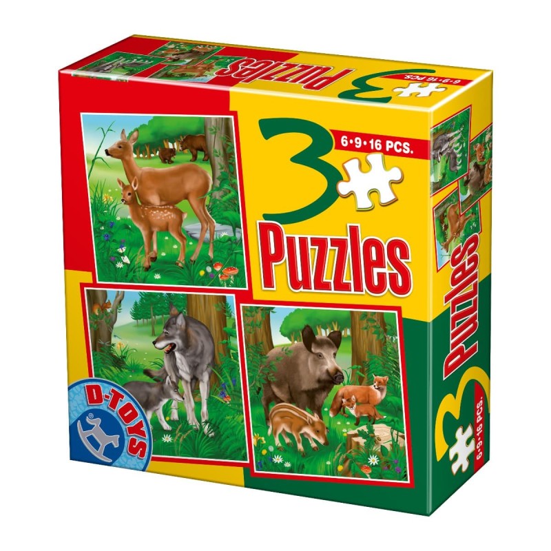 Set 2 x Colectie 3 Puzzle-uri, D-Toys, Animale Salbatice, Romania, 6, 9, si 16 Piese