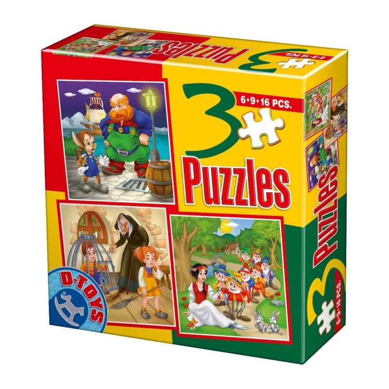 Set 2 x Colectie 3 Puzzle-uri, D-Toys, Pinocchio, Hansel si Gretel, Alba ca Zapada, 6, 9 si 16 Piese