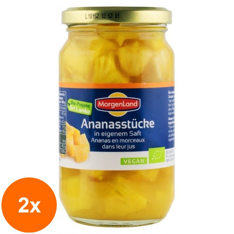 Set 2 x Compot de Ananas BIO, Bucati in Suc Propriu, 350 g, Morgenland
