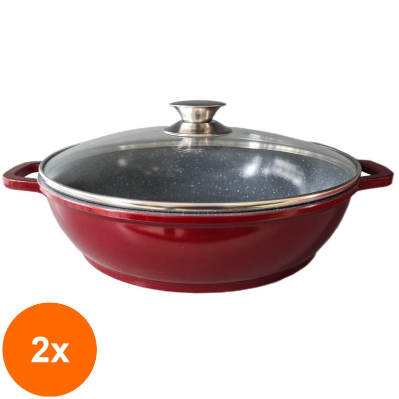 Set 2 x Cratita din Aluminiu, cu Ceramica, cu Capac din Sticla, pentru prepararea gemului, Sosului din tomate, 28cm, Grunberg GR