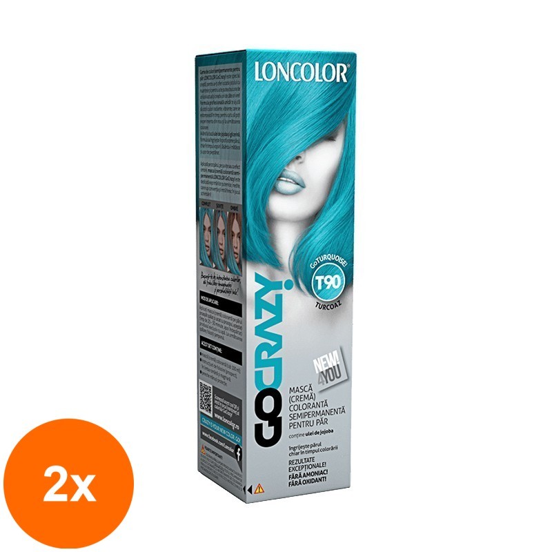 Set 2 x Crema de Par Coloranta Semi-Permanenta fara Amoniac Loncolor GoCrazy T90 GoTurquoise, 100 ml