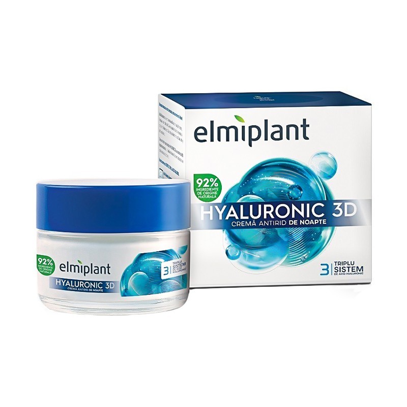 Set 2 x Crema de Ten Antirid Noapte cu Acid Hialuronic, 3D Elmiplant, 50 ml