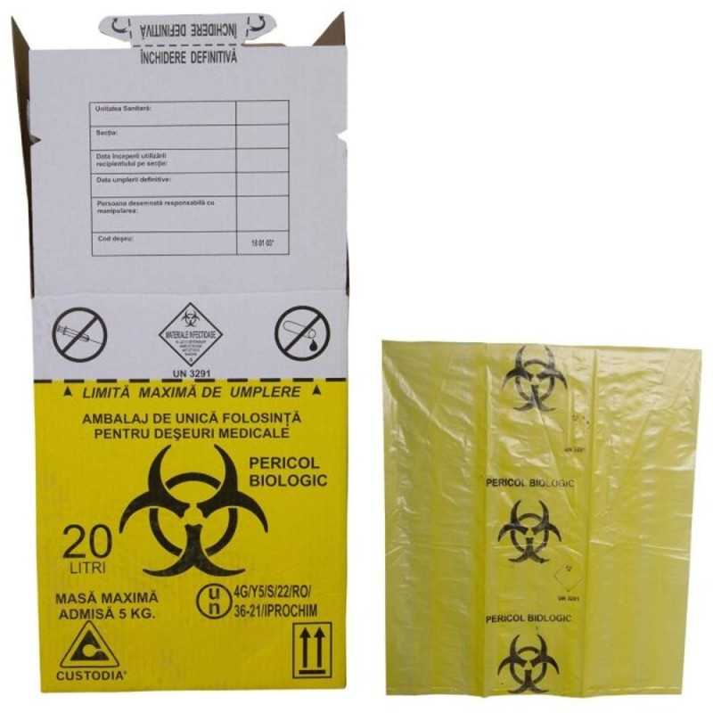 Set 2 x Cutie cu Sac Biohazard pentru Colectarea Deseurilor Medicale Infectioase, 20 l
